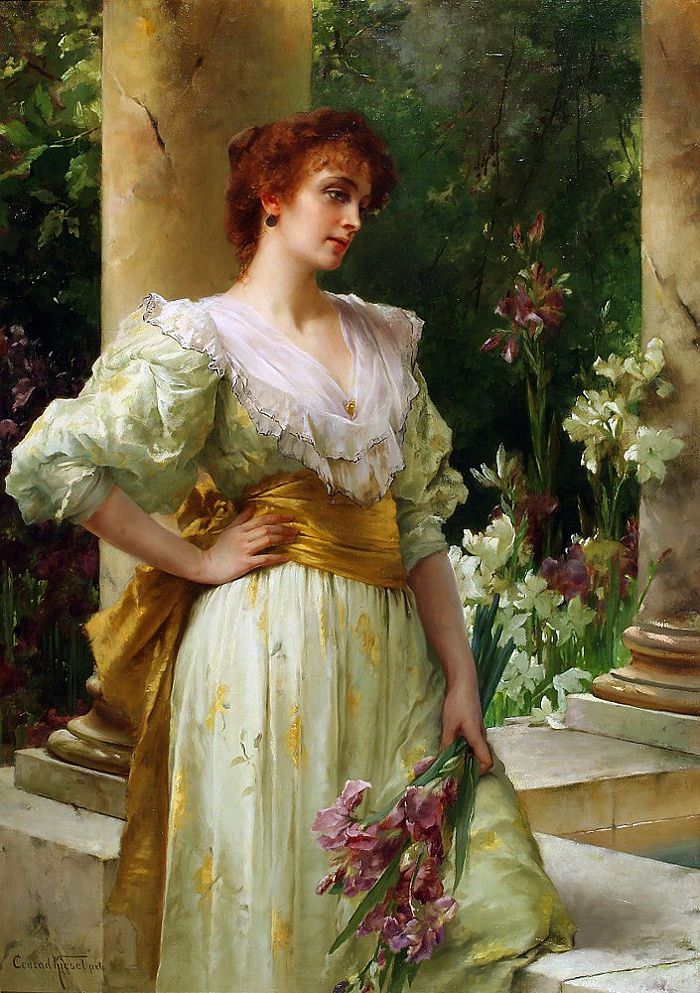 Conrad Kiesel Woman in White Holding Irises